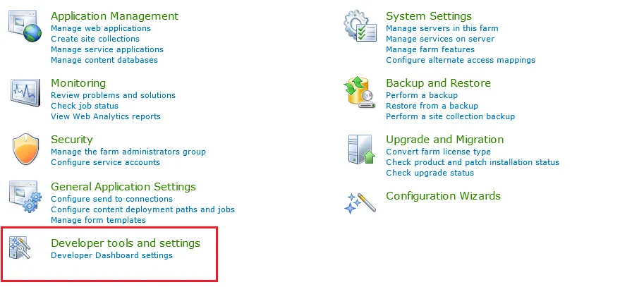 Developer tools and setting link